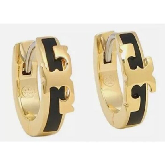 NEW!  Tory burch SET OF TWO Serif Black and Gold and White and Gold Huggie Earri - Picture 6 of 7